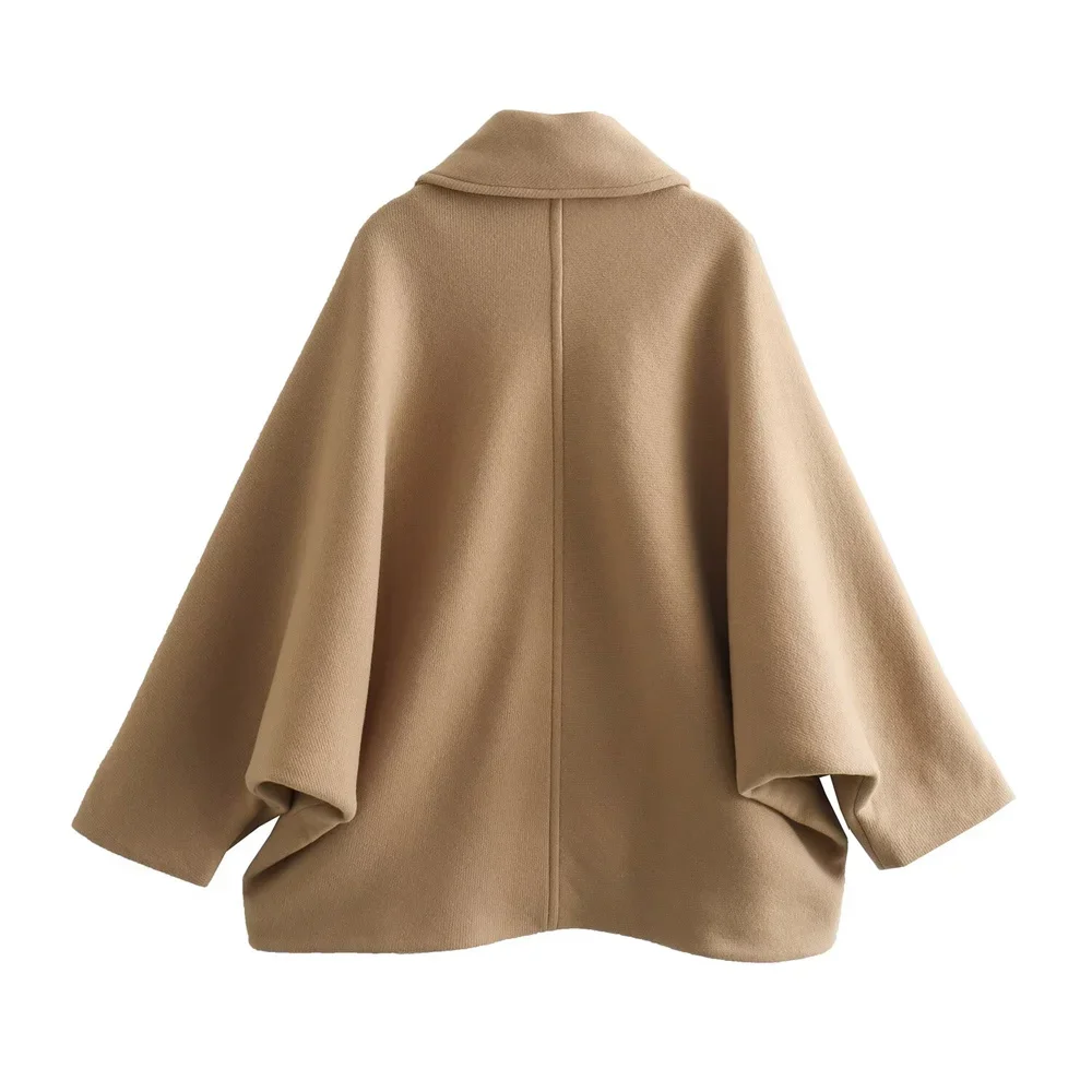 2025-Short Blended Coat for Women, Casual Polo Neck, Personalized Top, Cloak Sleeve, Winter, New 4