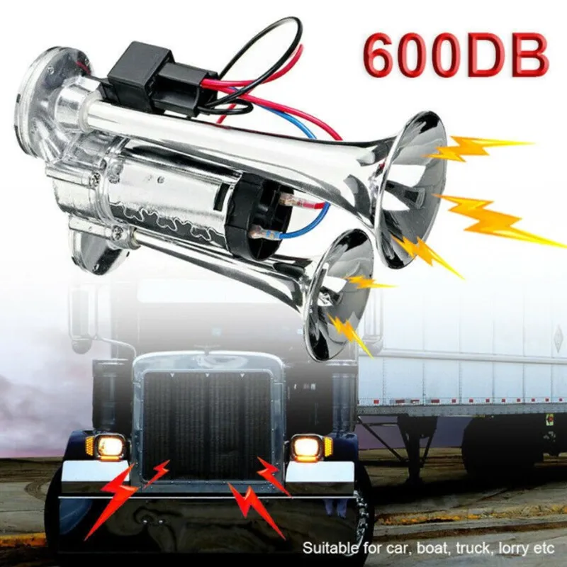 12V 600DB Super Loud Double Car Trumpet Air Horn Compressor Car Horn Speaker Kit for Cars Trucks Boats Motorcycles Automotive car siren horn,car air horn,motorcycle horn,waterproof horn,air raid siren horn,midrange horn