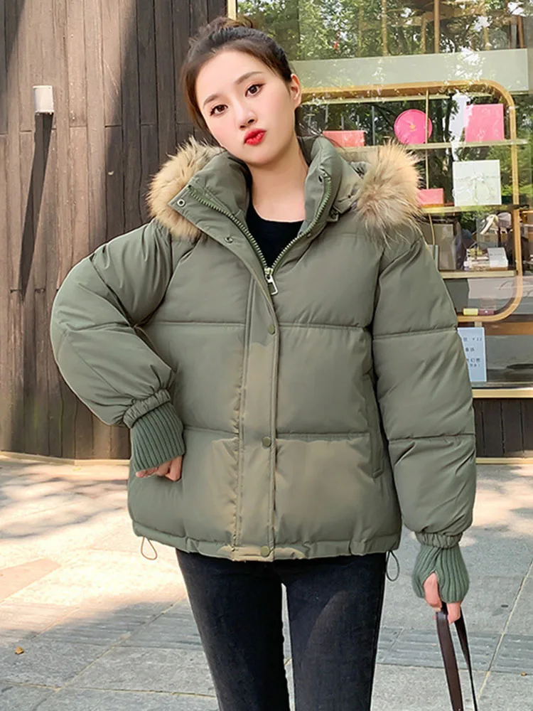 Safari Style Parker Coat Women Winter Short Outdoor Cotton-padded Jacket High Quality Fur Collar Hooded Outerwear Loose Overcoat