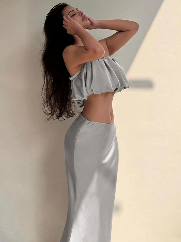 Tossy Fashion Satin Ruffled Long Skirt Suit Women's Solid Color Sleeveless Slim Tube Top 2 Piece Silvery Skirt Suit Women's Suit