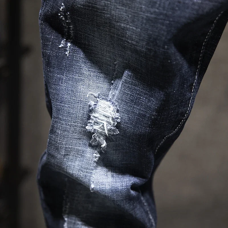 Ripped Jeans Men Slim-fit Denim Pants Cotton Korean Style Elasticity Versatile Men's Clothing