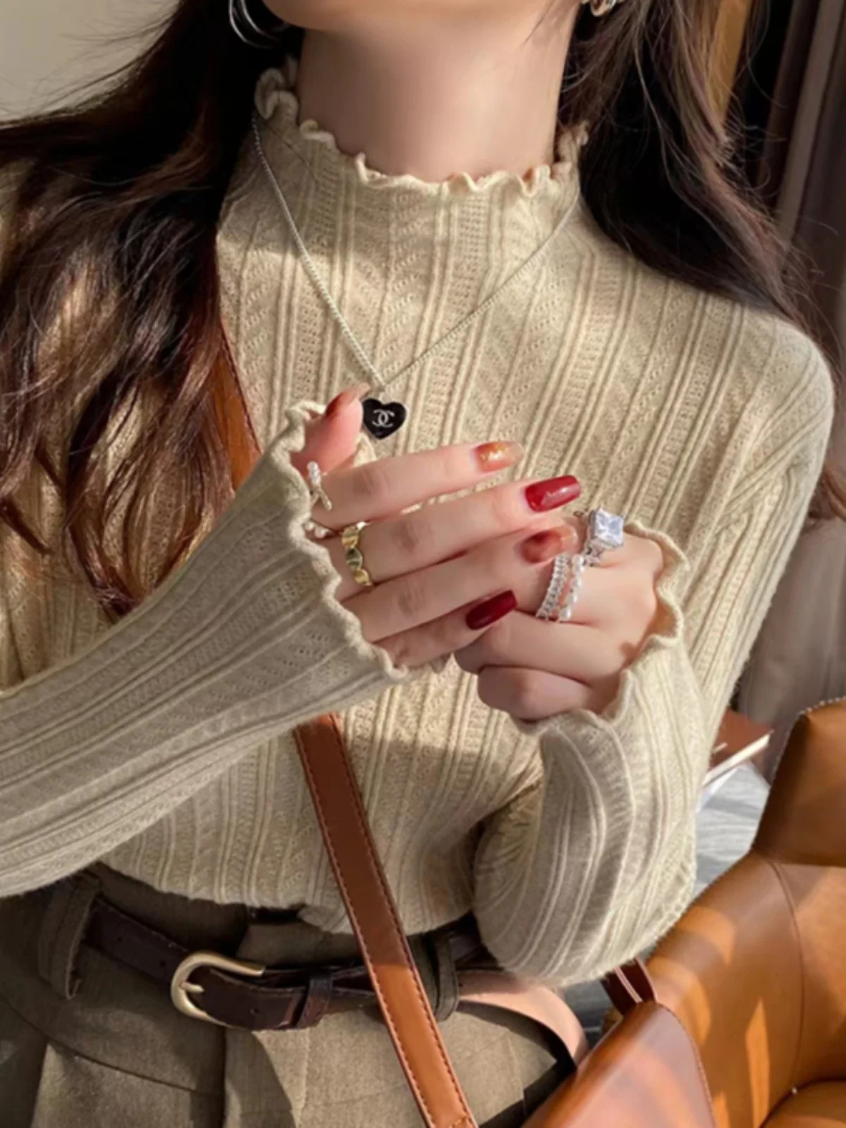 Fall Wooden Ear f High Collar Base irt Women's Ele Inner Knitted Sweater Slimming Long Sve Knitwear