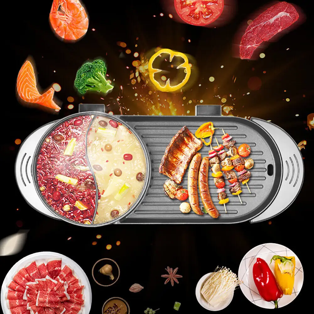 

2IN1 Electric BBQ Grill Hot Pot Multifunctional Cooker 1100W Non-Stick Temperature Control Smokeless Shabu Pan