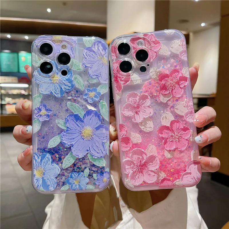 

Luminous Liquid Glitter Quicksand Phone Case For Xiaomi Mi 10 10i 10S 10T 11i 11T 12X 12S 12 11 Lite Pro Flower Soft Cover