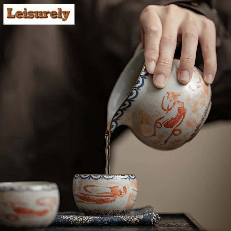 2pc/lot Dunhuang Apsaras Ceramic Teacup Imitation Song Ru Kiln Master Cup Small Round Tea Bowl Meditation Cup Kungfu Teaset 50ml