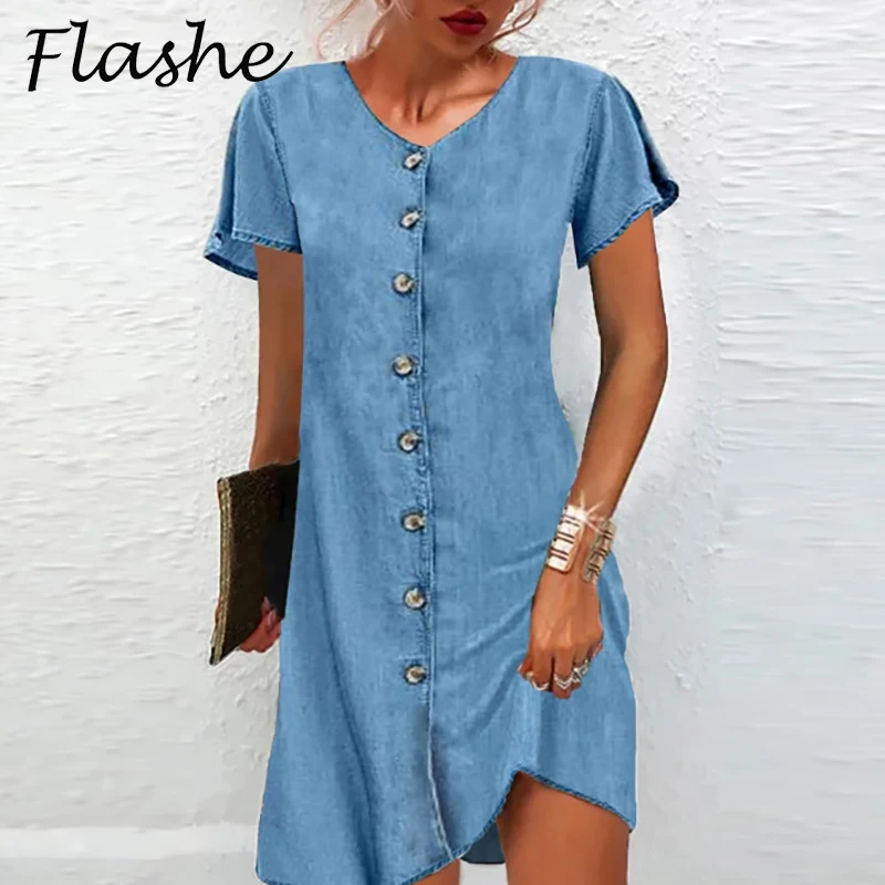 

Летнее женское платье с V-образным вырезом и пуговицами, дизайнерское повседневное мини-платье с коротким рукавом, женские пляжные джинсовые платья 2023
