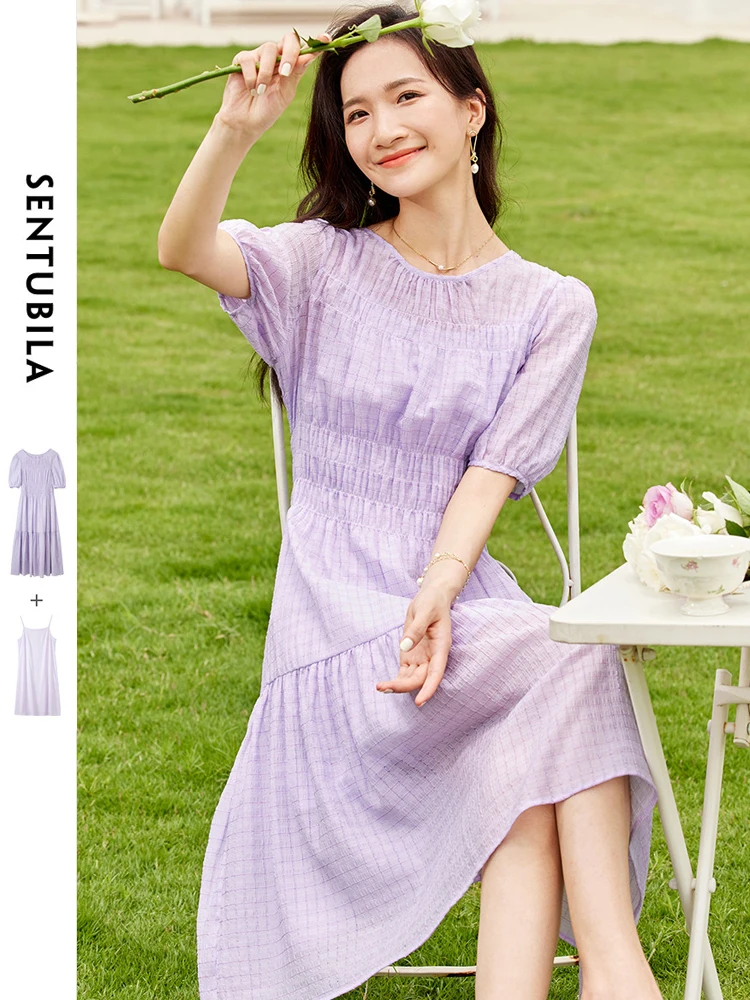 

SENTUBILA Vintage Elegant Purple Midi Tierred Dress for Women 2023 Summer Fashion O Neck Short Puff Sleeve A Line Slim Dresses