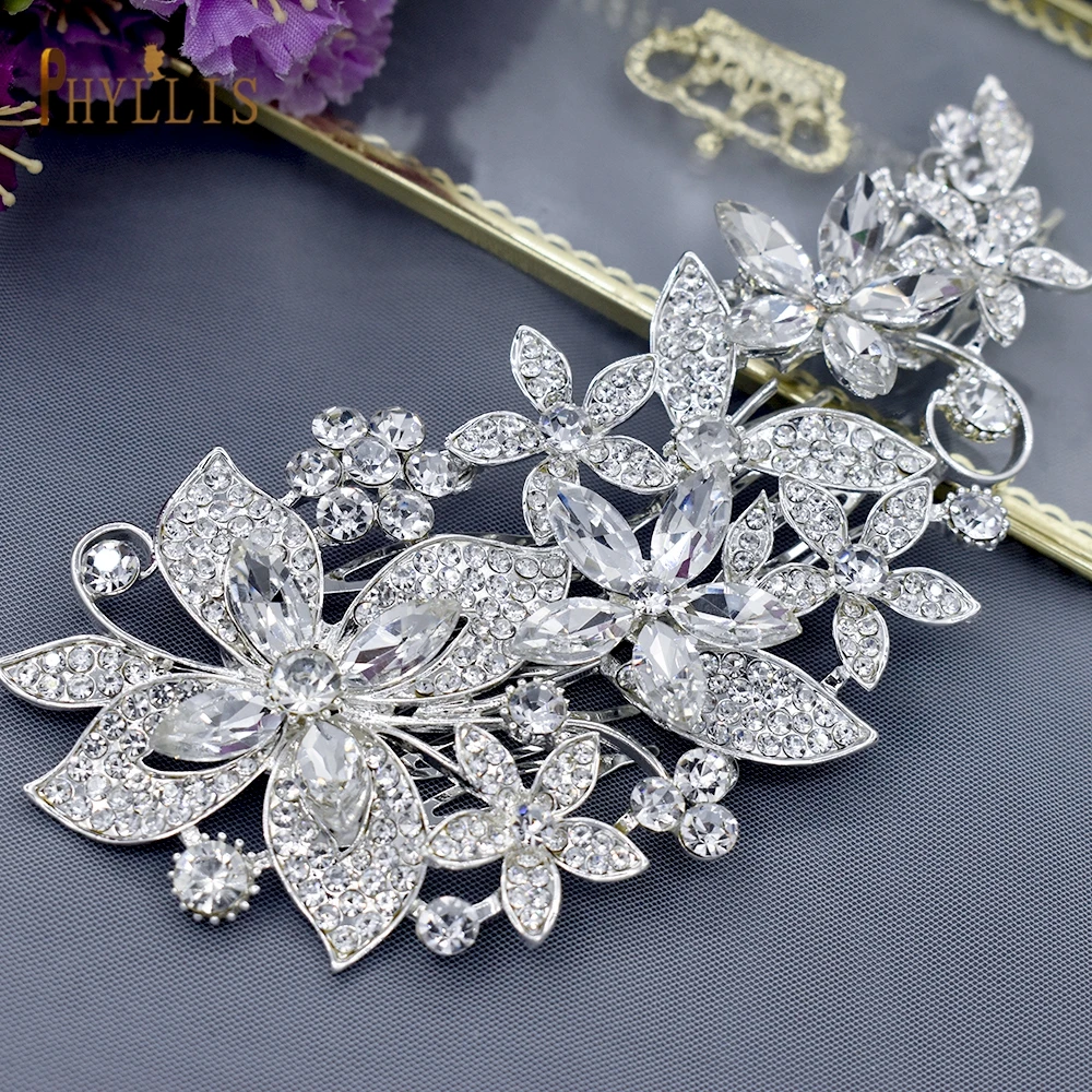A411 Luxury Alloy Flower Wedding Hair Comb Bridal Crowns and Tiaras Wedding Hair Jewelry Rhinestone Headband for Party