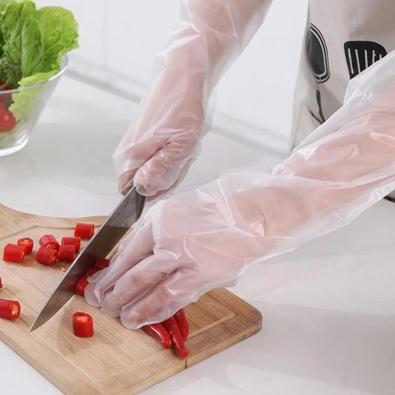 10pcs/bag Disposable Arm Guard Gloves Kitchen Household Cleaning Waterproof Elastic Drawstring Lengthened PE Long-Arm Gloves