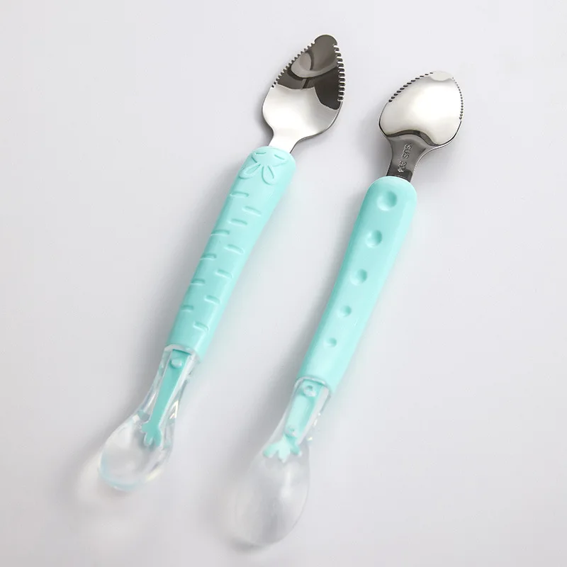 Baby Silicone Soft Spoon Stainless Steel Double Head Mud Scraping Fruit Mud Spoon Feeding Complementary Food silicone feeding spoon silicone cutlery set baby cutlery