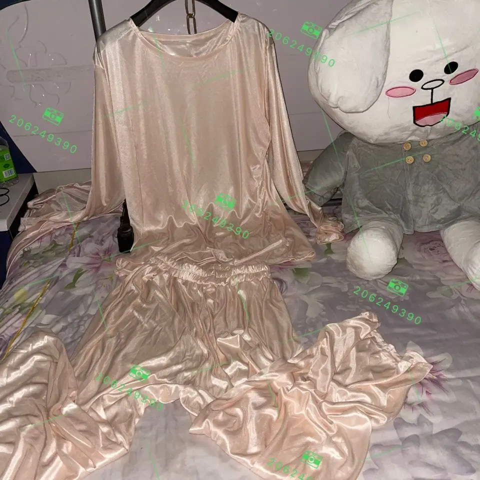 Autumn spring glossy satin pajamas 2 pieces set Long sleeve women silk loose sleeping plus size top pants