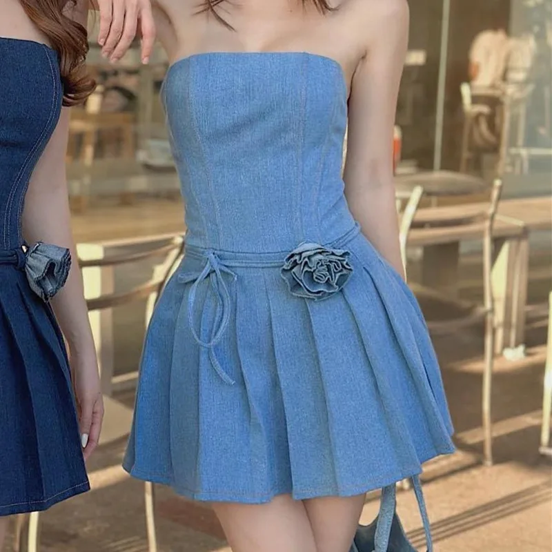 

Sexy Blue Denim Sheath Mini Party Dress Women Y2K Street Style Jeans Denim Pleated Tube Backless Bodycon Dress Fashion 2023 Vest