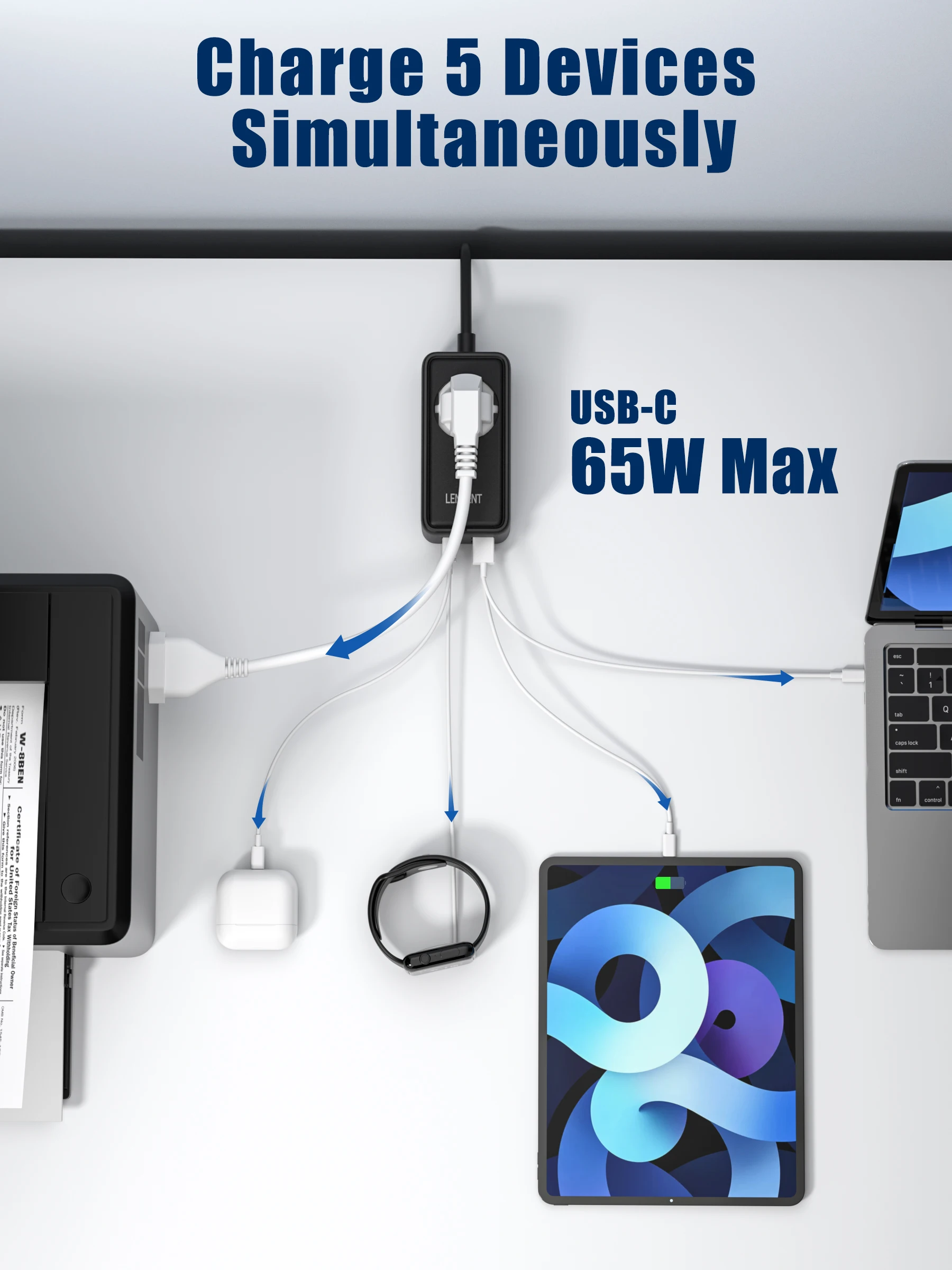 Lancent 65W GaN3 szybka ładowarka zasilacz z 1ac 2 USB 2 typ C 1.5M kabel 5W 1 ładowarka do iPhone Xiaomi Samsung