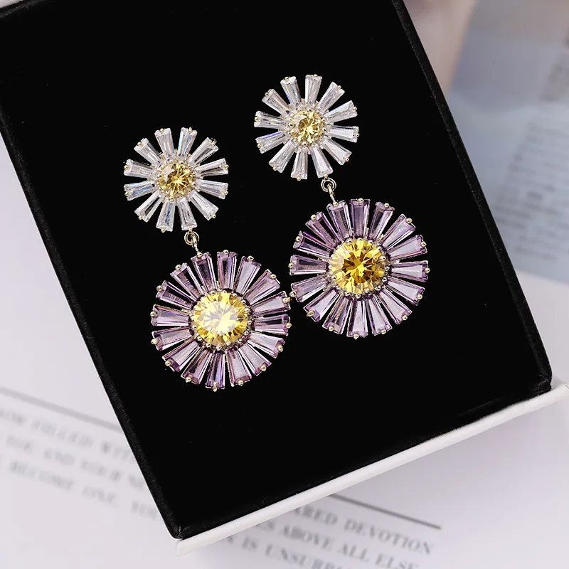 Trend Luxury Cubic Zirconia Flower Daisy Dangling Drop Earrings for Women Girl Wedding Daily Party Korean Fashion Jewelry Gifts