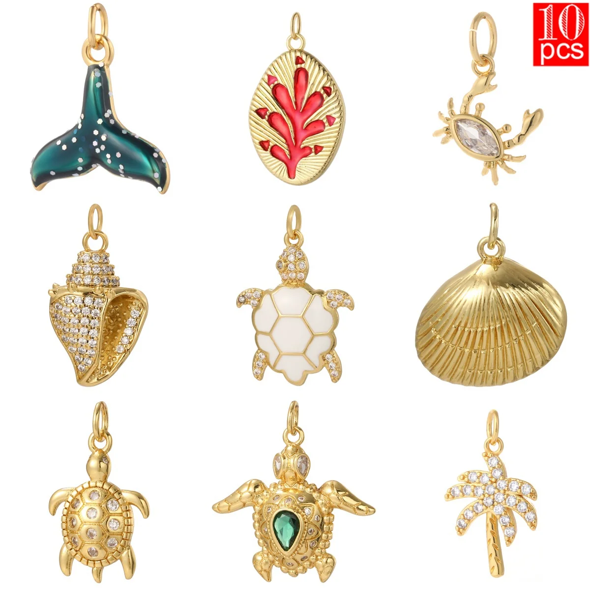 10 stücke Nette Sommer Strand Ozean Stil Kupfer Intarsien Zirkon Kokospalme Muschel Meeresschildkröte Emaille Shell Seestern Anhänger großhandel