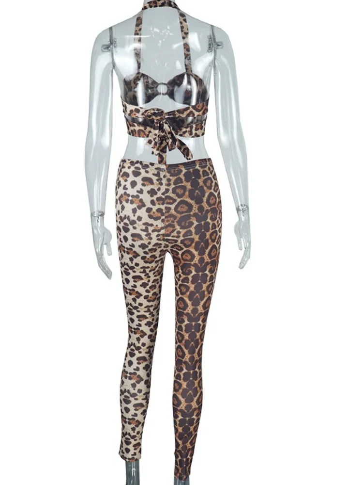 Wmstar Two Piece Sets Wholesale Sexy Women's Fashion Leopard Print Set Sexy Strapless and Halter Trousers Drop Shopping