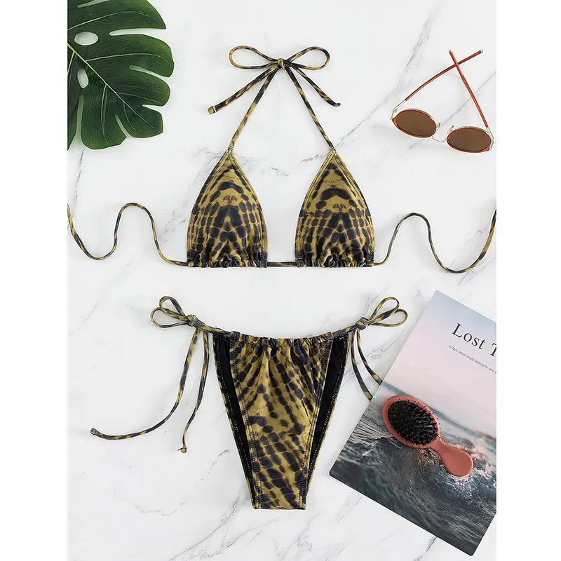 

sexy string print tie halter bikinis set high waist thong Swimwear Biquini conjunto de bikini tankini beachwear bathing suits