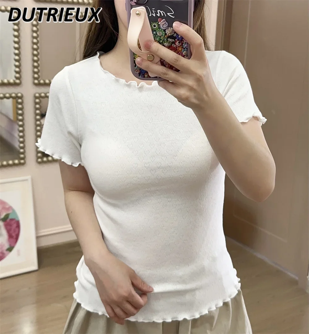 

Summer Thin Crew Neck Bottoming Shirt Short Sleeve Slim Fit Inner Wear Ruffled Top Sweet Cute Girls Solid Color T-shirt