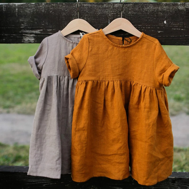 

New Girls Cotton And Linen Dress Solid Color Children's Casual Short-Sleeve Pleated Dresses WT016