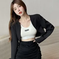 Retro Short Blazer Jacket Women's Black Thin Cardigan Simple Design Autumn Winter Fashion Versatile Korean Style Polyester Fiber