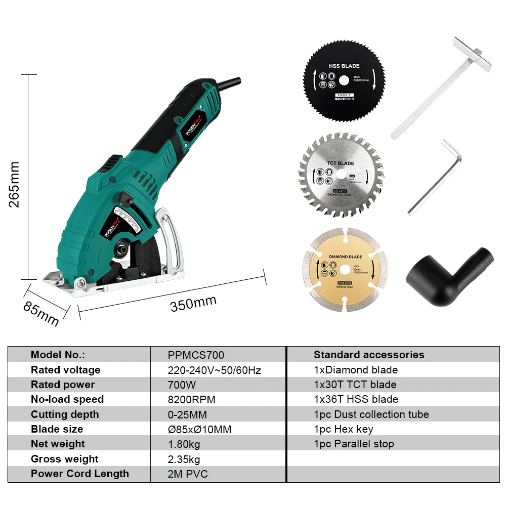 POSENPRO Electric Mini Circular Saw 700W Hand Tool Cutting Wood Metal Saw Parallel Guide Attachment Tools 3pcs Blades