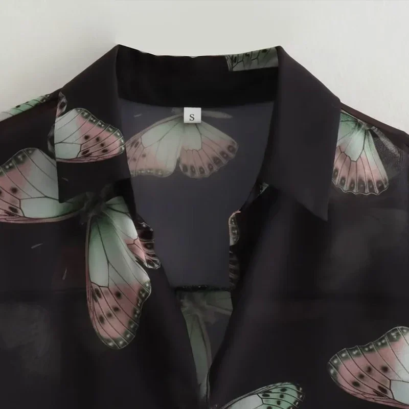Chic Butterfly Print Loose Long-sleeved Top Women 2023 Autumn Spring Turn-down Collar Button Asymmetric Tops Female Streetwear