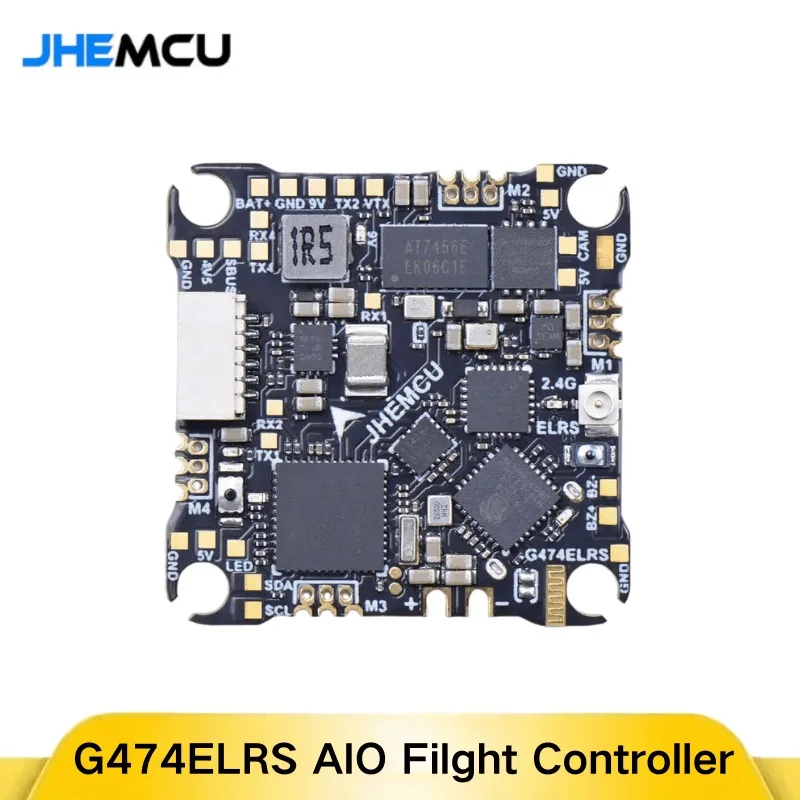 Vue de dessus du contrôleur de vol JHEMCU F411ELRS AIO 12A montrant le microcontrôleur F411 et le récepteur ELRS 2.4G.
