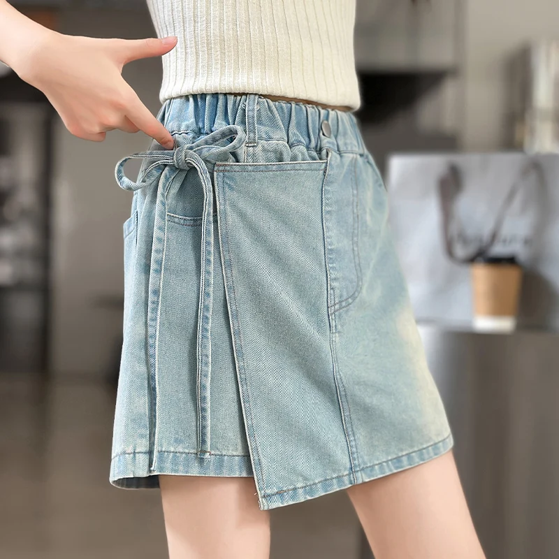 Kids shorts girls summer denim skirt shorts tether decoration casual sports 5-15 years old