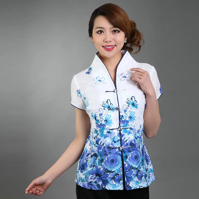 2024 Oriental Women Tangzhuang Style Shirt Blue Black Floral Print Short Sleeve Mandarin Collar Tops Qipao Design Hanfu Attire shuchan sweaters men england style 100% cashmere winter warm single breasted business winter mandarin collar thick