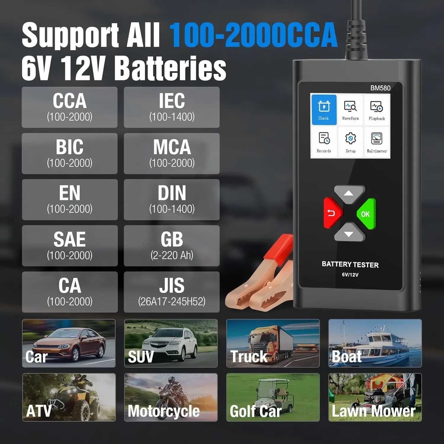Car Battery Tester 6V 12V BM580 100-2000CCA Analyzes Cranking Charging Voltage Tests Battery Capacity Automotive