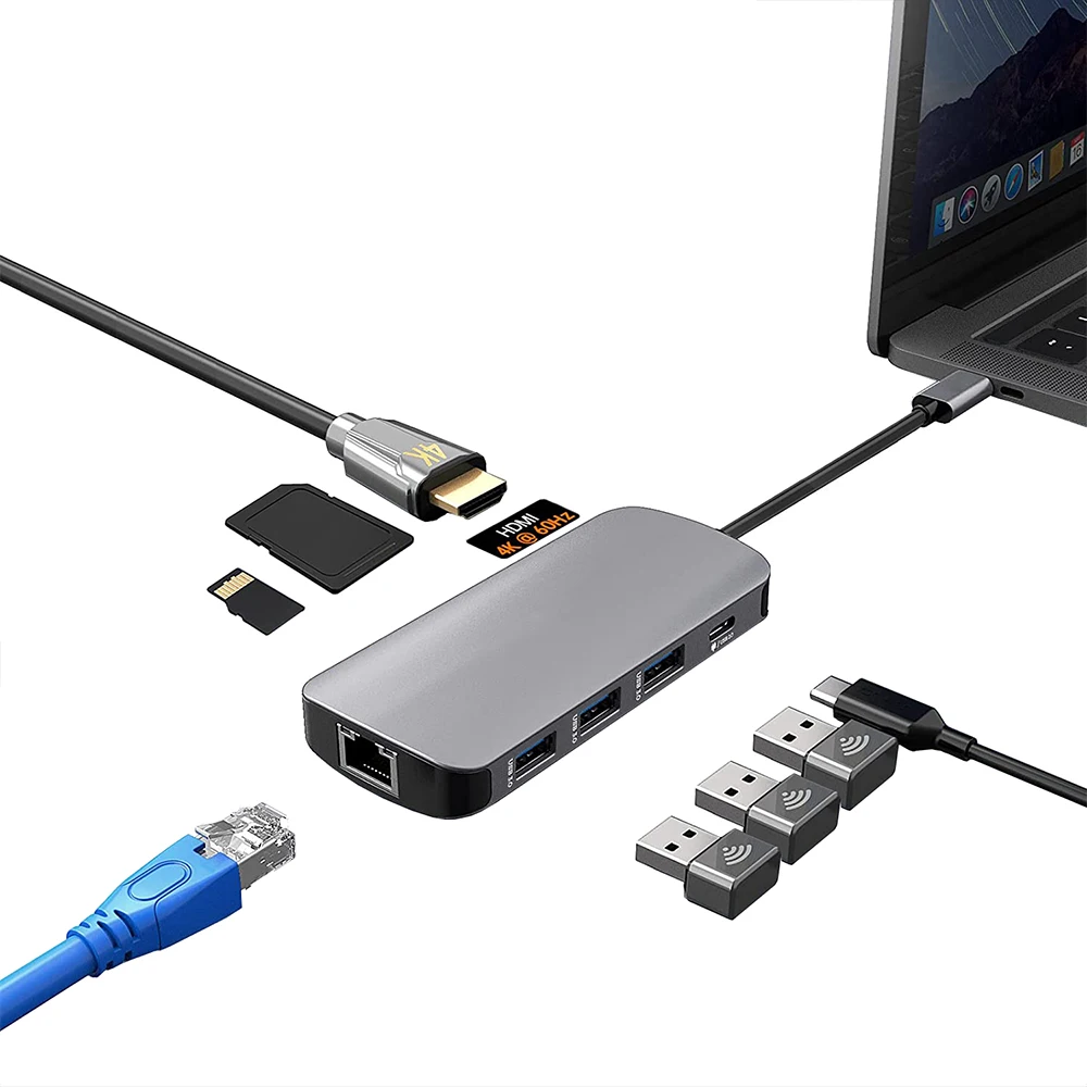 CŸ ŷ ̼, SD/TF ī  , ƼƮ  й , USB 3.0*3 PD100W USB-C, 4K @ 60Hz RJ45, 8 in 1