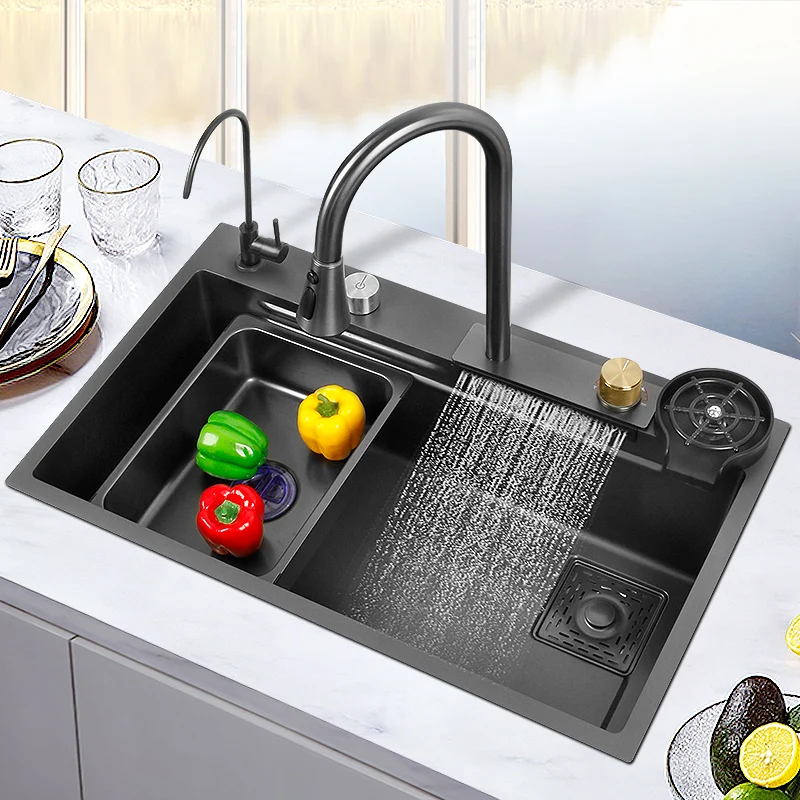 Waterfall Kitchen Sink 304 Stainless Steel Nano Black Multifuctional