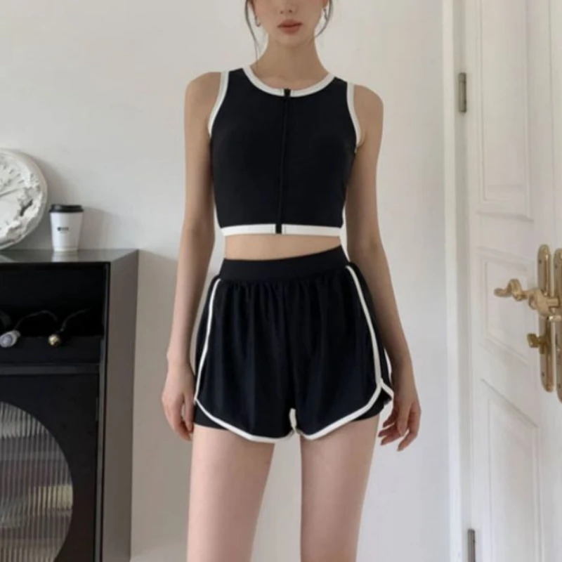

Korean Conservative Split Swimsuit Women Student High Waist Bikini Set Holiday Beachwear Tank Shorts Slimming Black Bathing Suit