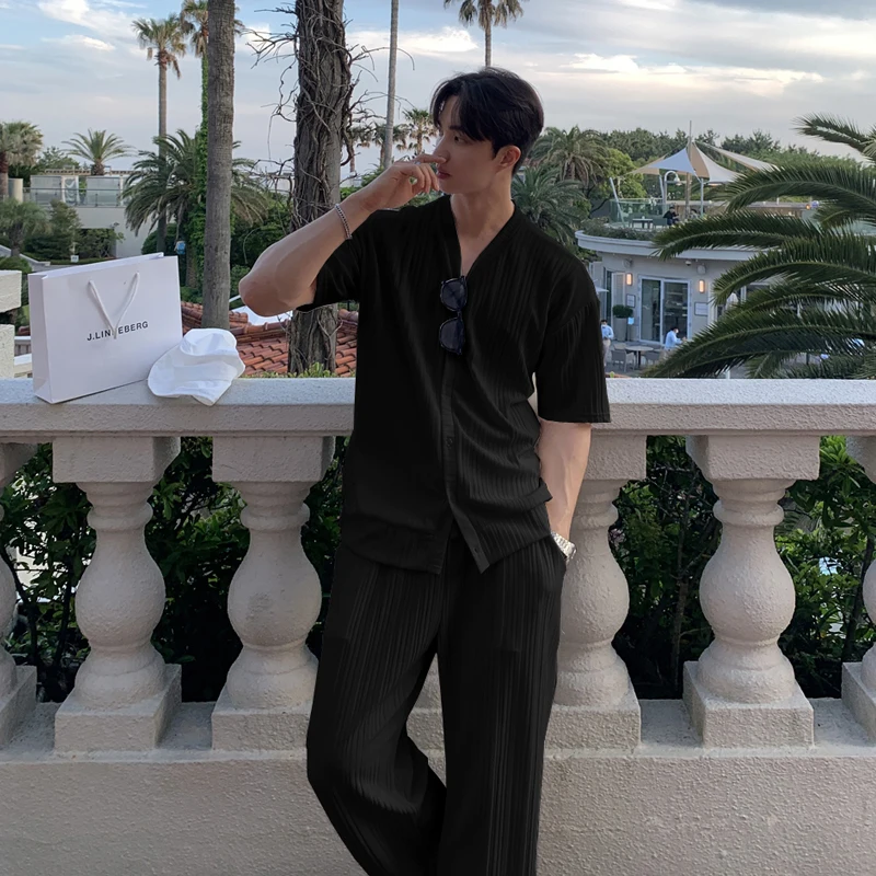 Summer Men's Loose Ice Silk Suits Fashion Casual V-neck Short Sleeve T-shirt And Pants Drape Two-piece Sets Men Clothes 4