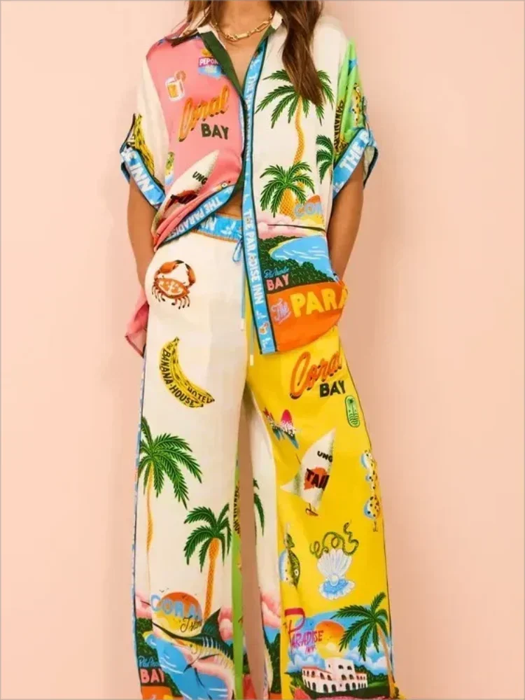 Spring New 2024Women Festival Printed Short-sleeved Shirt Blouse Loose Trousers 2-piece Women's Casual Beachwear Suit