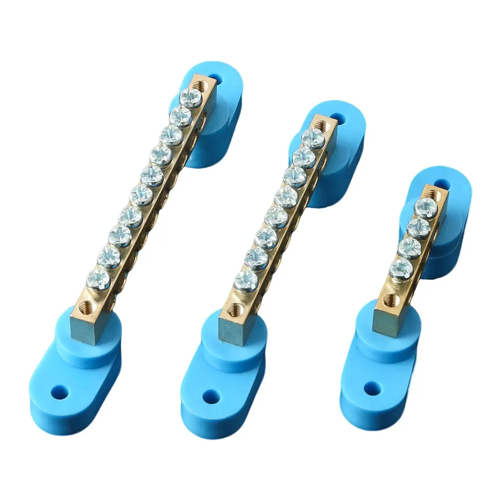 DIN Rail Terminal Block - Blue Bridge Type Copper Ground Bar with Multiple Hole Options