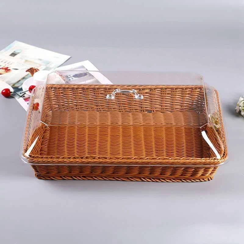 Woven Rattan Basket Bread Basket with Acrylic Lid Tabletop Food Serving Basket Woven Fruit Basket with Cover Imitation Rattan