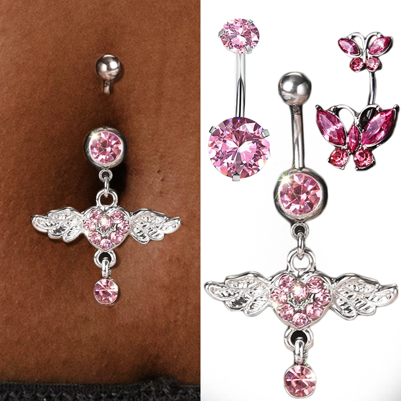 Steel Belly Button Rings Pink Crystal Piercing Navel Heart Style Navel Piercing Earring Belly Sexy Body Jewelry Ombligo