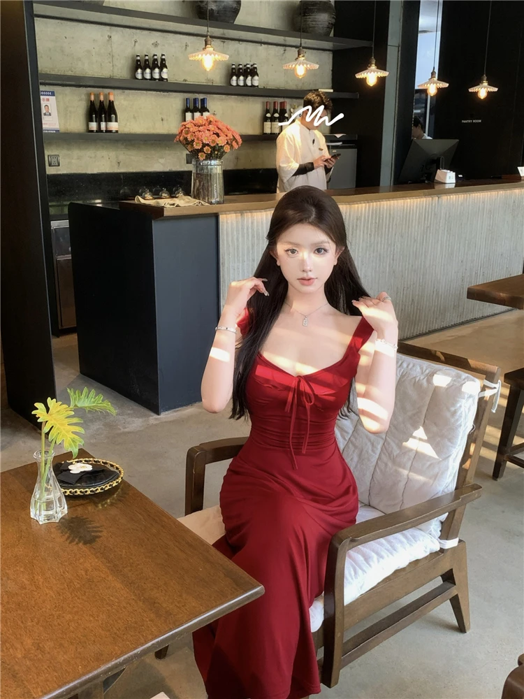 Spaghetti Strap Knitted Dresses for Women Lace-up Slim Solid Square Collar Elegant Sexy Korean Fashion Vestidos Mujer New