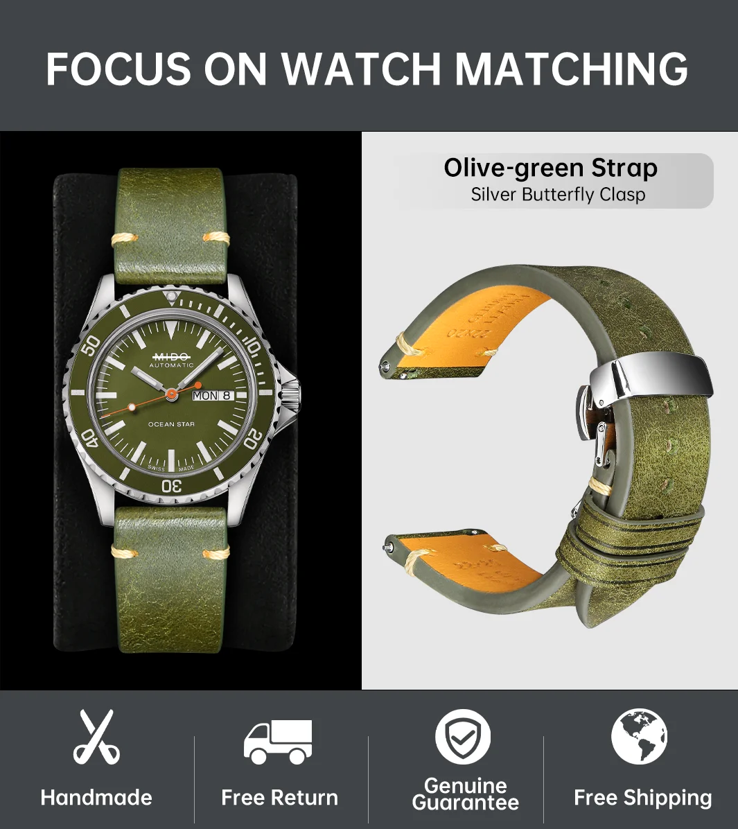 Italian Pueblo Leather Luxury Quick Release Watch Strap - Premium Watch Band Bracelet in 20mm & 22mm Sizes