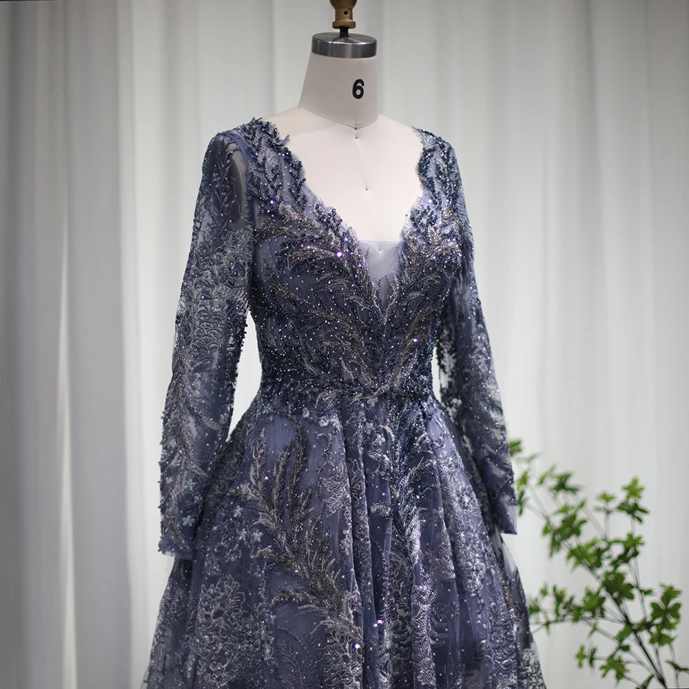 S1dafd3b9099a4383af2e89fefae9940aO Elegant Long Sleeve Arabic Evening Dress V-Neck Dubai Luxury Crystal Muslim Plus Size Women Wedding Party Gown Mallzona