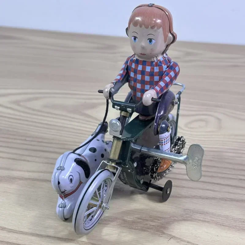 Little Hunter Riding Bike and Walking Dog Retro Nostalgic Collection Wind Up Toys Iron Crafts Ornament Clockwork Toys