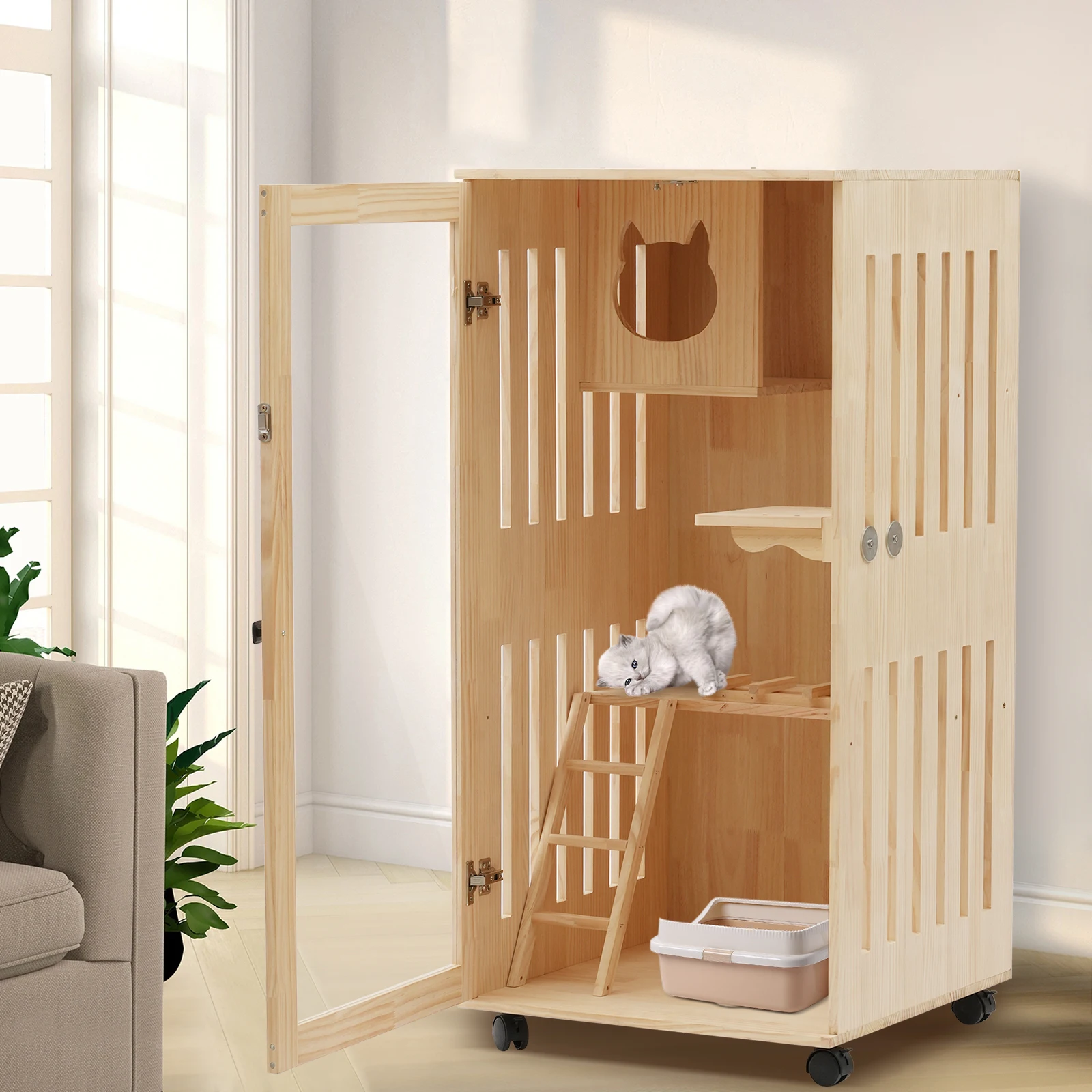Large Wooden Cat House Luxury Multi-Feature Cat Condo Condo House with Scratching Posts Oversized Villa on Wheels