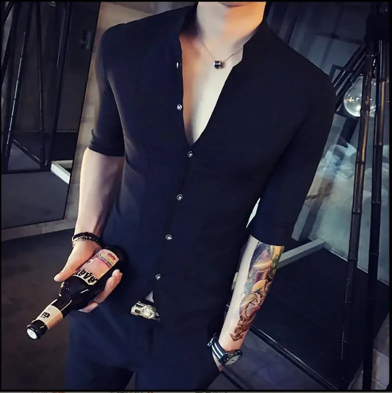 Men's Stand-up Collar Summer Short Sleeve Shirt cotton shirt