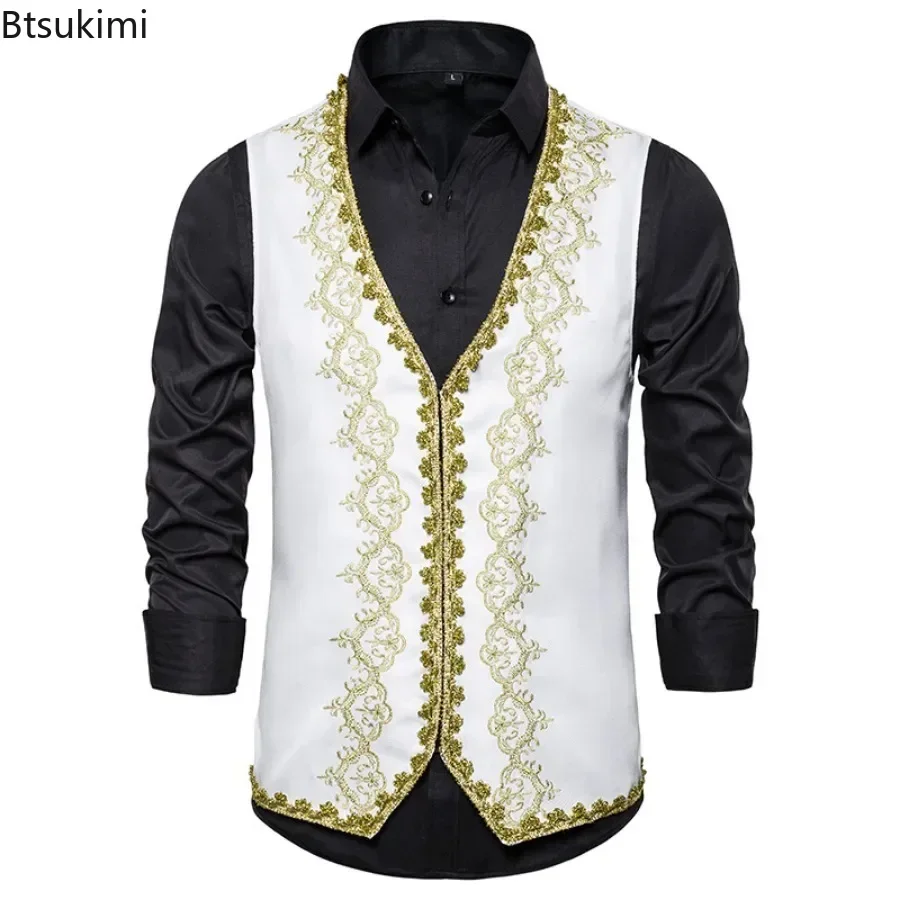 New Stylish Gold Embroidery Baroque Vests Men's Slim Palace Banquet Clothing Waistcoat Men Stage Prom Drama Opera Costume Gilet dress vests