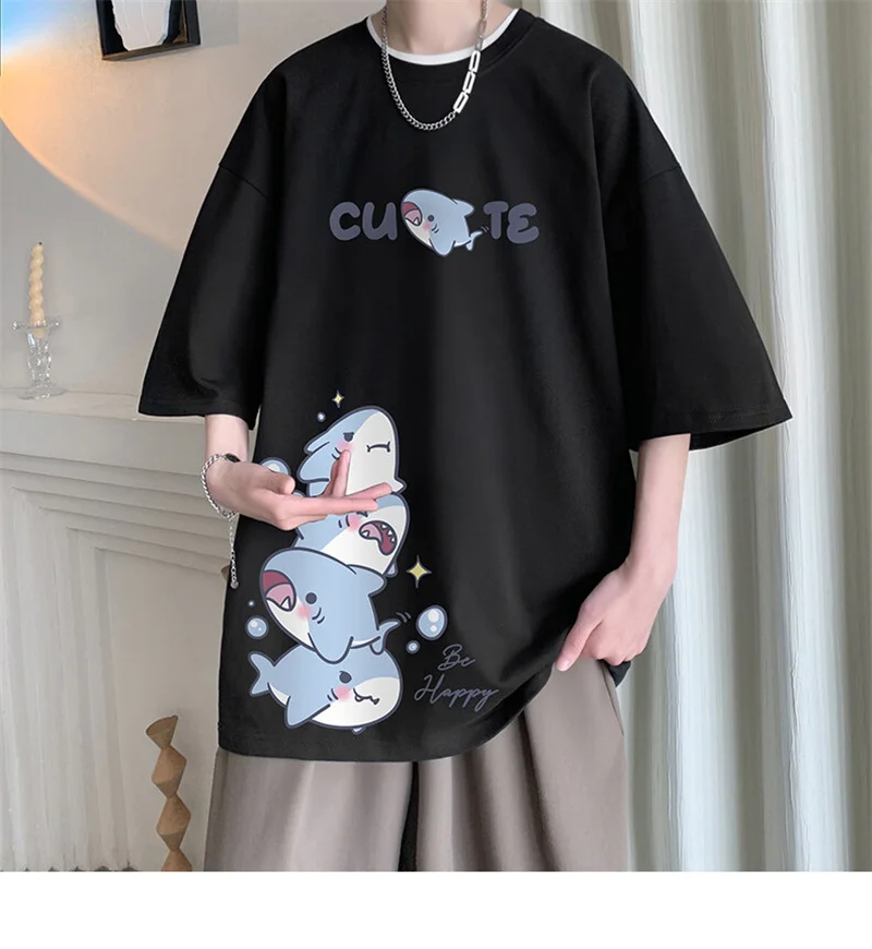 Men's Cotton T-shirts White Men Oversized T Shirt Anime Shark Print Summer Casual Wear 5XL Tee Shirts Big Size Male Clothes