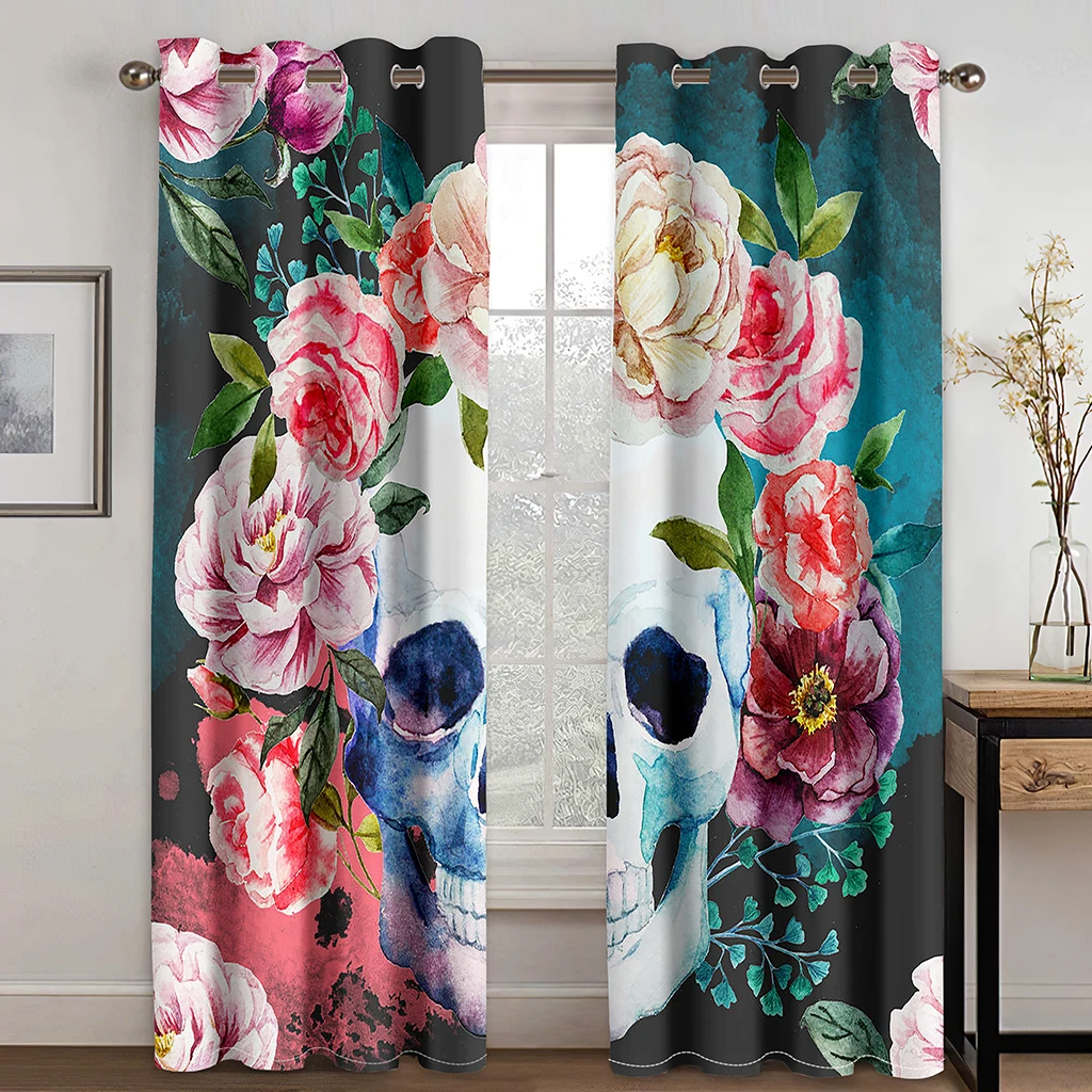 

Death Skull and Flowers Latest series digital Printed Curtain Living Room Bedroom 90g polyester curtain fabric two panels