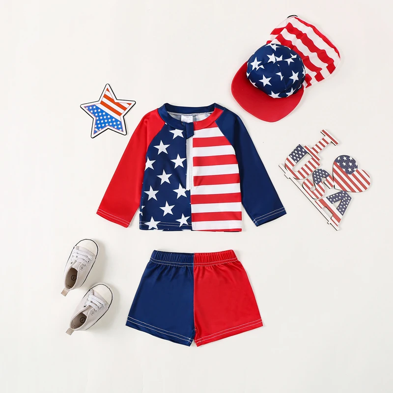 FOCUSNORM 0-5Y Independence Day Baby Boys 3pcs Swimsuits Long Sleeve Stars Stripe Print Tops Shorts Swimwear Sets with Sun Hat