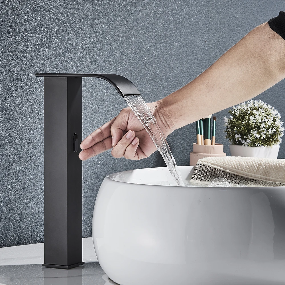 

Vidric Smart Black Basin Faucet Bathroom Automatic Sensor Faucet Free Touch Watefall Sink Tap Hot Cold Water Mixer Crane