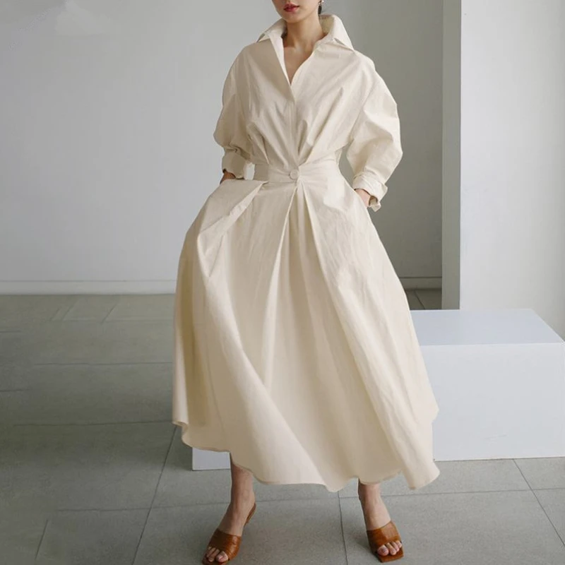우아한 여성 봄 Sundress 옷깃 목 긴 소매 검은 드레스 2023 솔리드 롱 셔츠 드레스 OL Vestidos Robe Femme streetwear